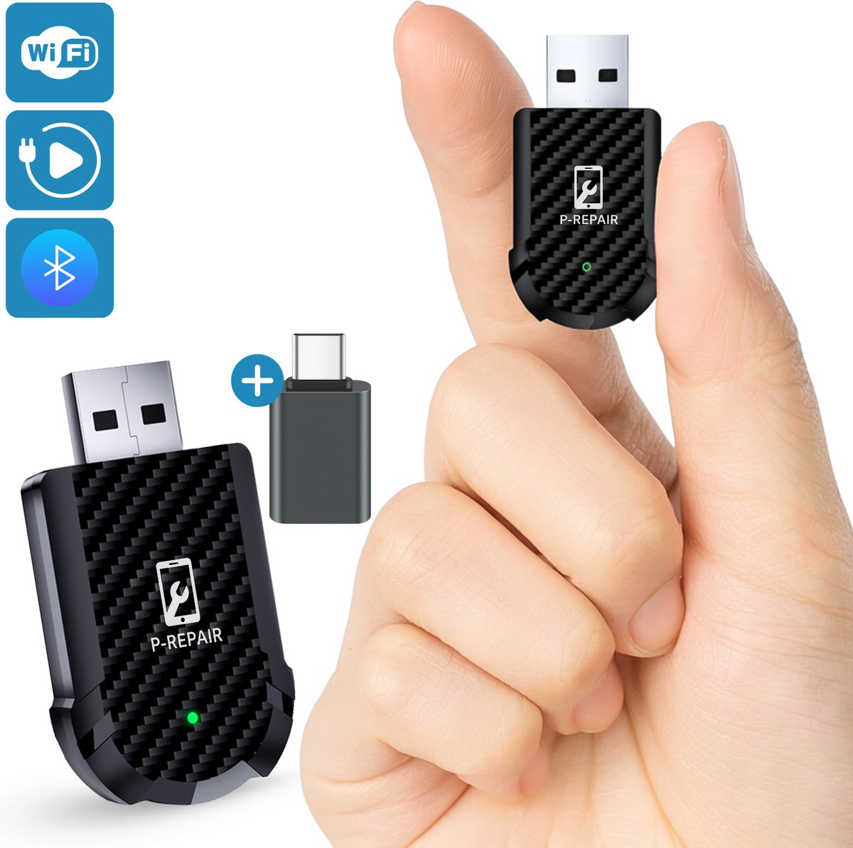 P-Repair 2-in-1 Carplay Dongle - Android Auto Dongle - Draadloos Carplay Geschikt - Wireless Carplay Geschikt - Android Auto Geschikt - USB Carplay - USB-C Carplay - Zwart