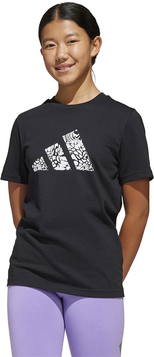 Adidas Animal-print Graphic T-shirt Met Korte Mouwen 7-8 Years Meisje Zwart