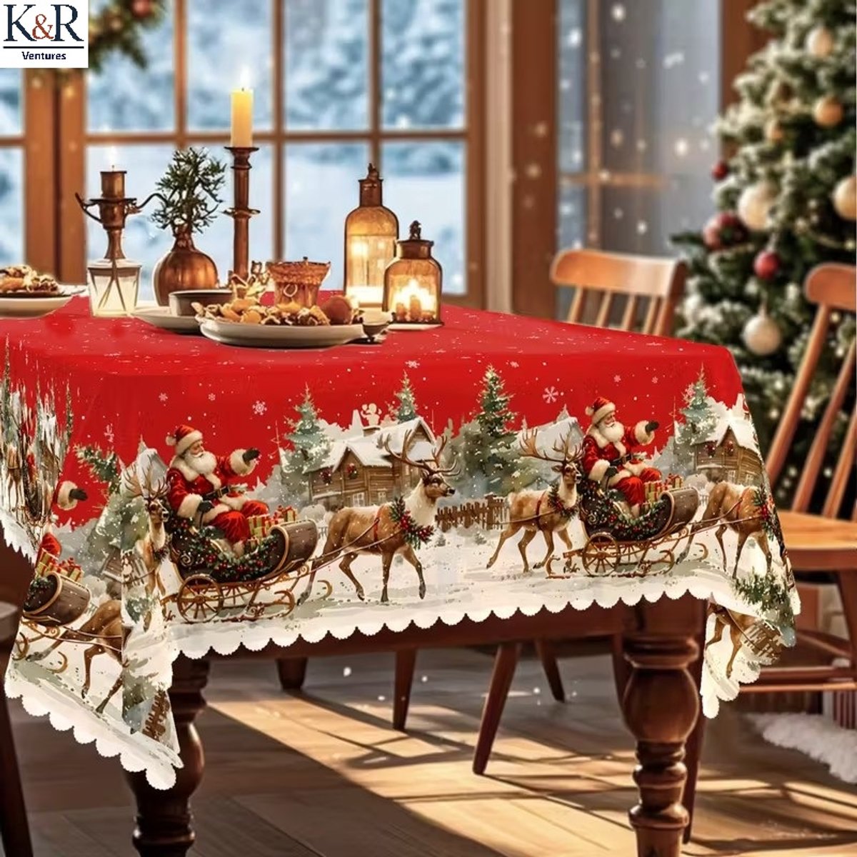 K&R Ventures® Luxe Kersttafelkleed – 220x150 cm – Rechthoekig, Wasbaar & Vuilafstotend – Feestelijke Tafel Decoratie voor Kerst & Nieuwjaar – Geschikt voor 6–10 Personen