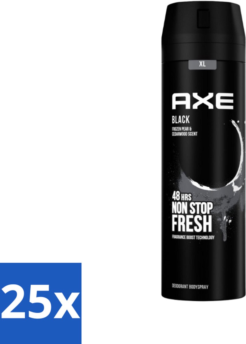 25 x Axe XL - Deodorant Bodyspray - 48hrs Fresh - Black - Frozen Pear & Cedarwood - 200 ml - Voordeelverpakking - 25 stuks