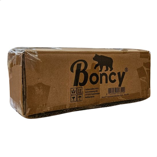 Bruine kartonnen verzenddoos van Boncy, met een afbeelding van een beer en tekst.
