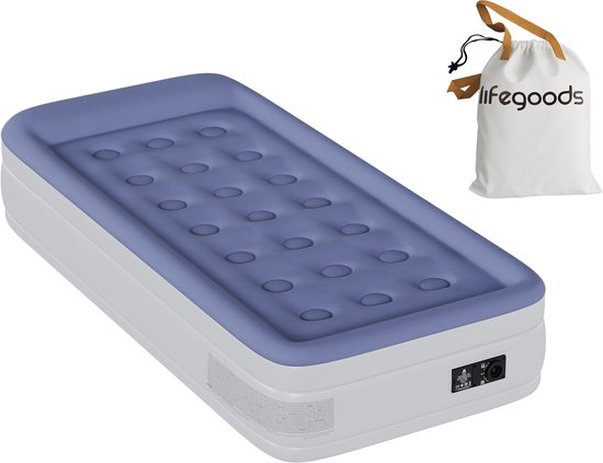 LifeGoods Luchtbed - 1 Persoons - Luchtmatras met Ingebouwde Pomp - Opblaasbed - Incl. Draagtas en Reparatiekit - Wit/Blauw