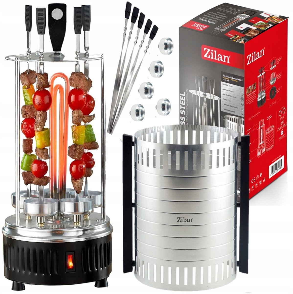 Zilan Verticale BBQ Grill & Elektrische Rotisserie – 900W – Draaibare Spiezen – RVS Kebab Grill voor Vlees, Vis & Groente