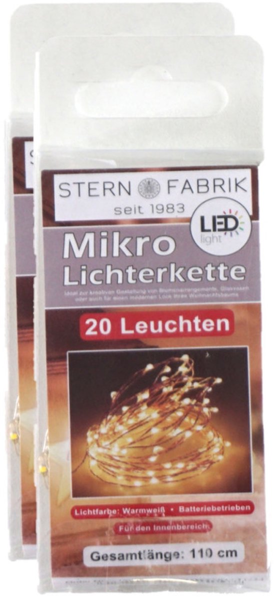 2x stern fabrik draadverlichting zilver- 20 leds wit -batterij- 100 cm