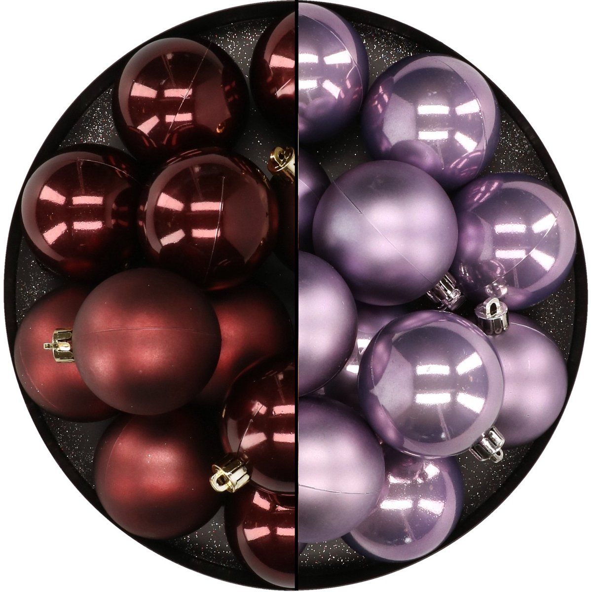24 kunststof kerstballen van 6 cm, in bruin en lila paars, kerstversiering.