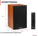 Afmetingen van een houten luidspreker: 25cm hoog, 15,5cm diep, 19cm breed. Inclusief afstandsbediening.
