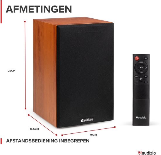 Afmetingen van een houten luidspreker: 25cm hoog, 15,5cm diep, 19cm breed. Inclusief afstandsbediening.