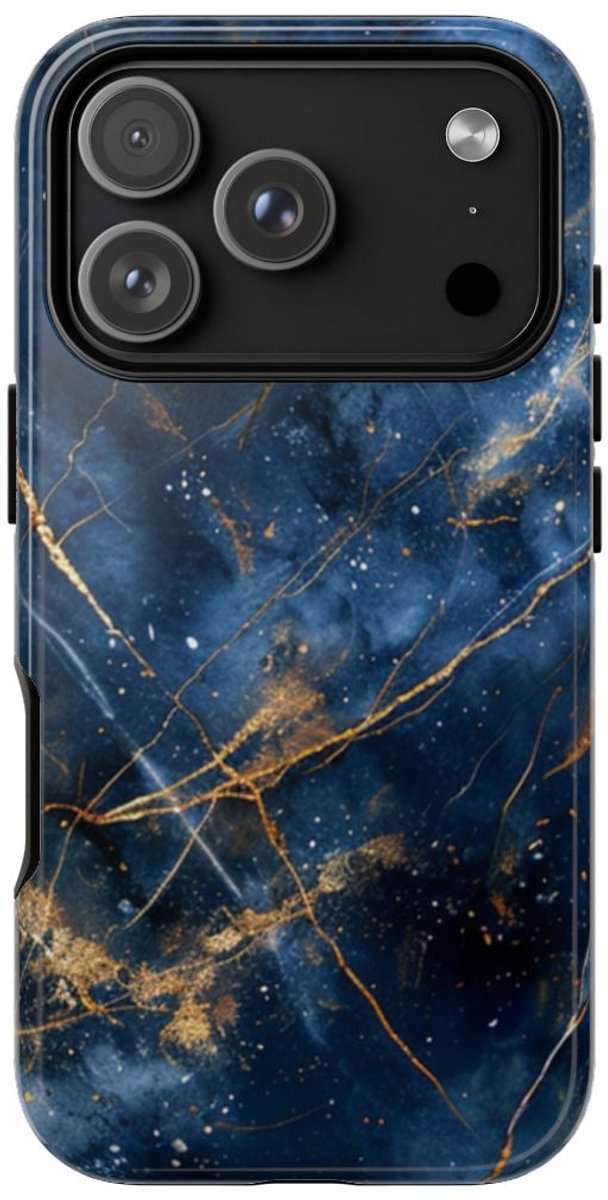 Blauw Marmerpatroon met Gouden Adering – Telefoonhoesje Geschikt voor iPhone 17 Pro