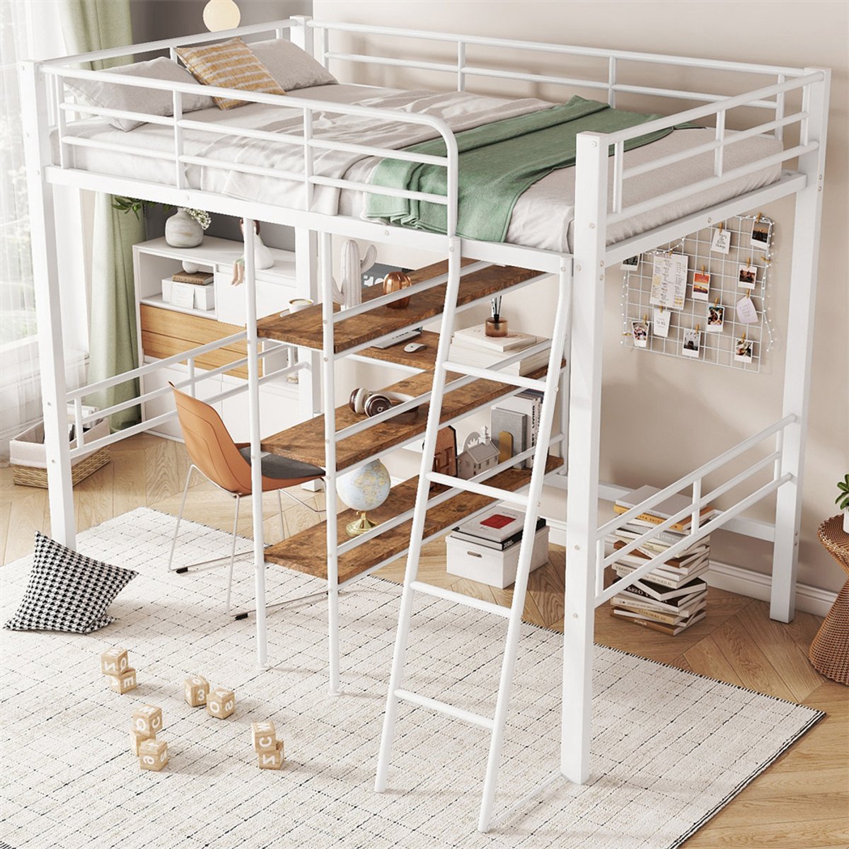 YEHTOKHOME Hoogslaper 90 x 200 cm - met bureau - meerdere planken - leuningen - ladder - ijzeren frame - wit - zonder matras
