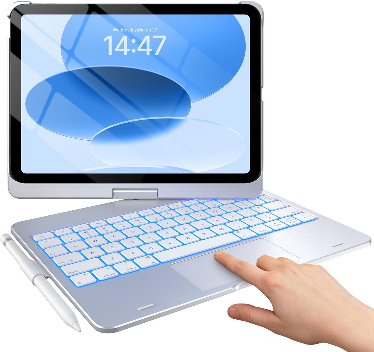 Namajunas - Tablet toetsenbord - Geschikt voor iPad 11 (2025/Air16) 11 inch / 10e generatie (2022) 10.9 inch - 360° Draaibaar - 7-kleuren achtergrondverlichting - Multi-Touch Trackpad - Pen Houder - Case - Zilver