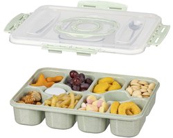 Snackbox, snackbox met 10 vakken, verdeelde tray met deksel en handvat, inclusief 1 lepel en 1 vork, geschikt voor op reis, picknick, camping, afternoon tea