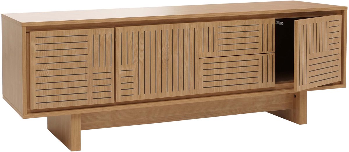 MCW TV-rek MCW-O34, TV-meubel TV-tafel Lowboard Ladekast, lades, melamine 51,5x150x39,5cm ~ iepenhout naturel