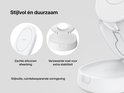 Close-up van de witte draadloze oplader met zachte siliconen afwerking en verzwaarde voet voor stabiliteit.