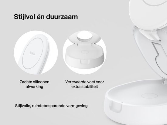 Close-up van de witte draadloze oplader met zachte siliconen afwerking en verzwaarde voet voor stabiliteit.
