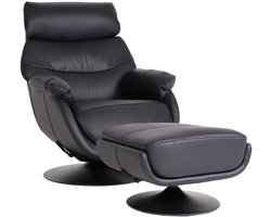 Relaxfauteuil met voetenbank MCW-K99, tv-fauteuil, kantelfunctie, draaibaar, metaal, echt leer/kunstleer ~ zwart