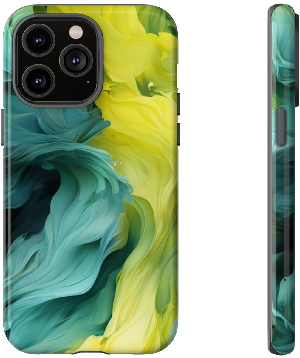 Vloeiend Gele en Groene Abstracte Kunst – Telefoonhoesje Geschikt voor iPhone 14 Pro Max