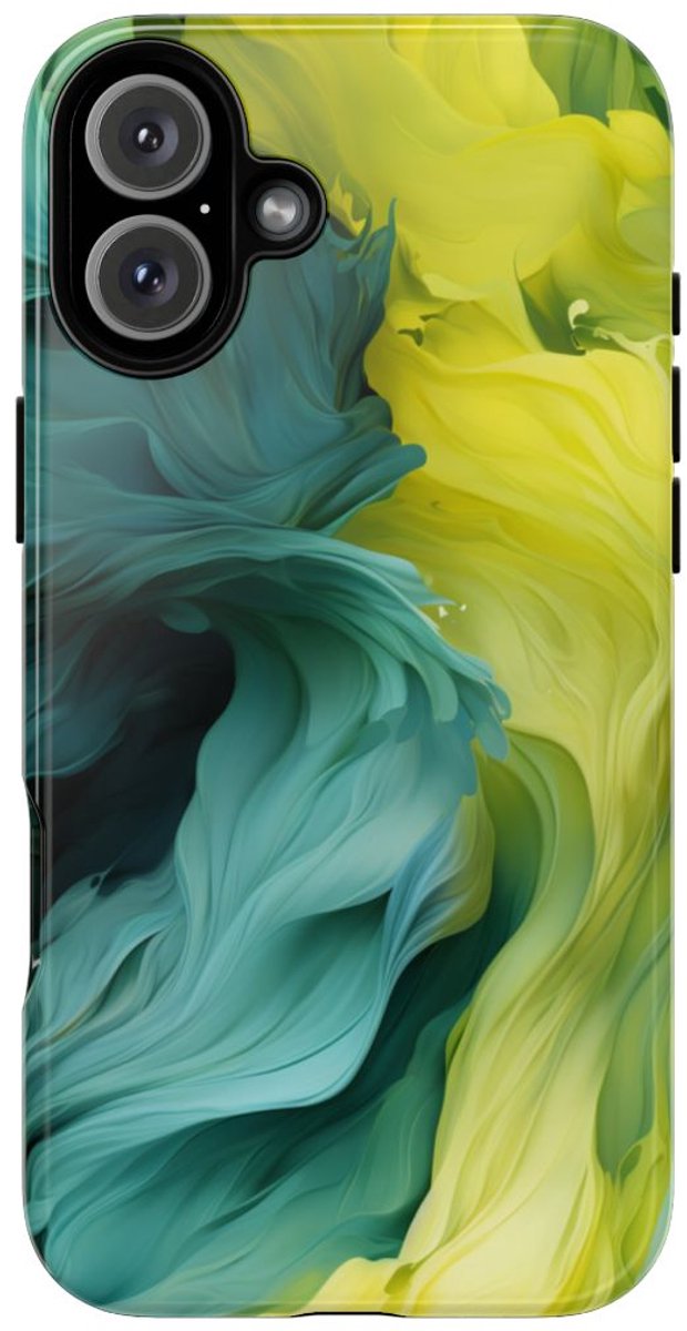 Vloeiend Gele en Groene Abstracte Kunst – Telefoonhoesje Geschikt voor iPhone 16 Plus