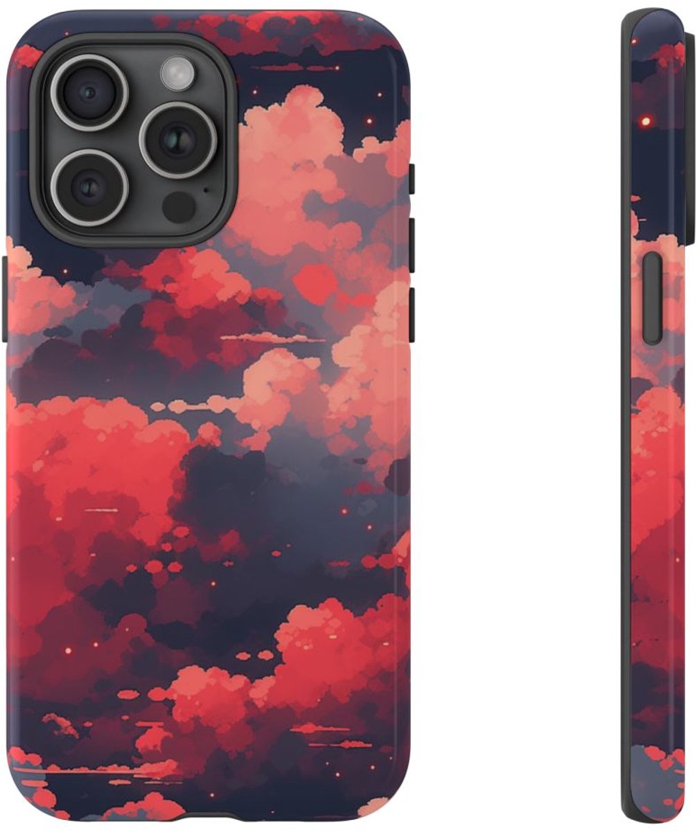 Abstracte Wolkenlucht in Rood en Roze – Telefoonhoesje Geschikt voor iPhone 15 Pro Max