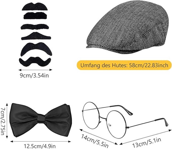 Costume homme années 1920 - avec chapeau panama, montre de poche, Bretelles, nœud papillon et lunettes à barbe - pour carnaval et Halloween