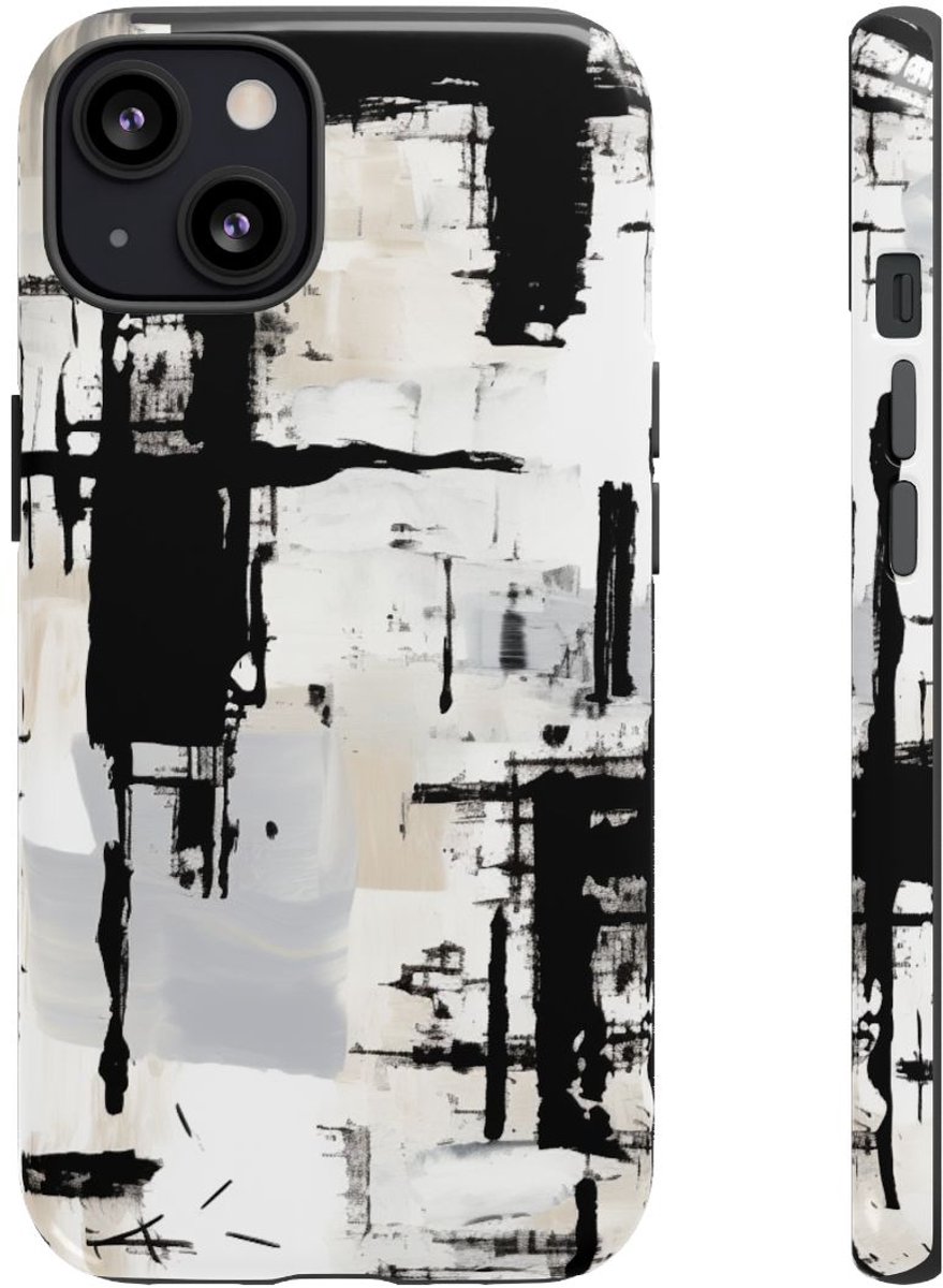 Monochrome Abstracte Penseelstreken – Telefoonhoesje Geschikt voor iPhone 13