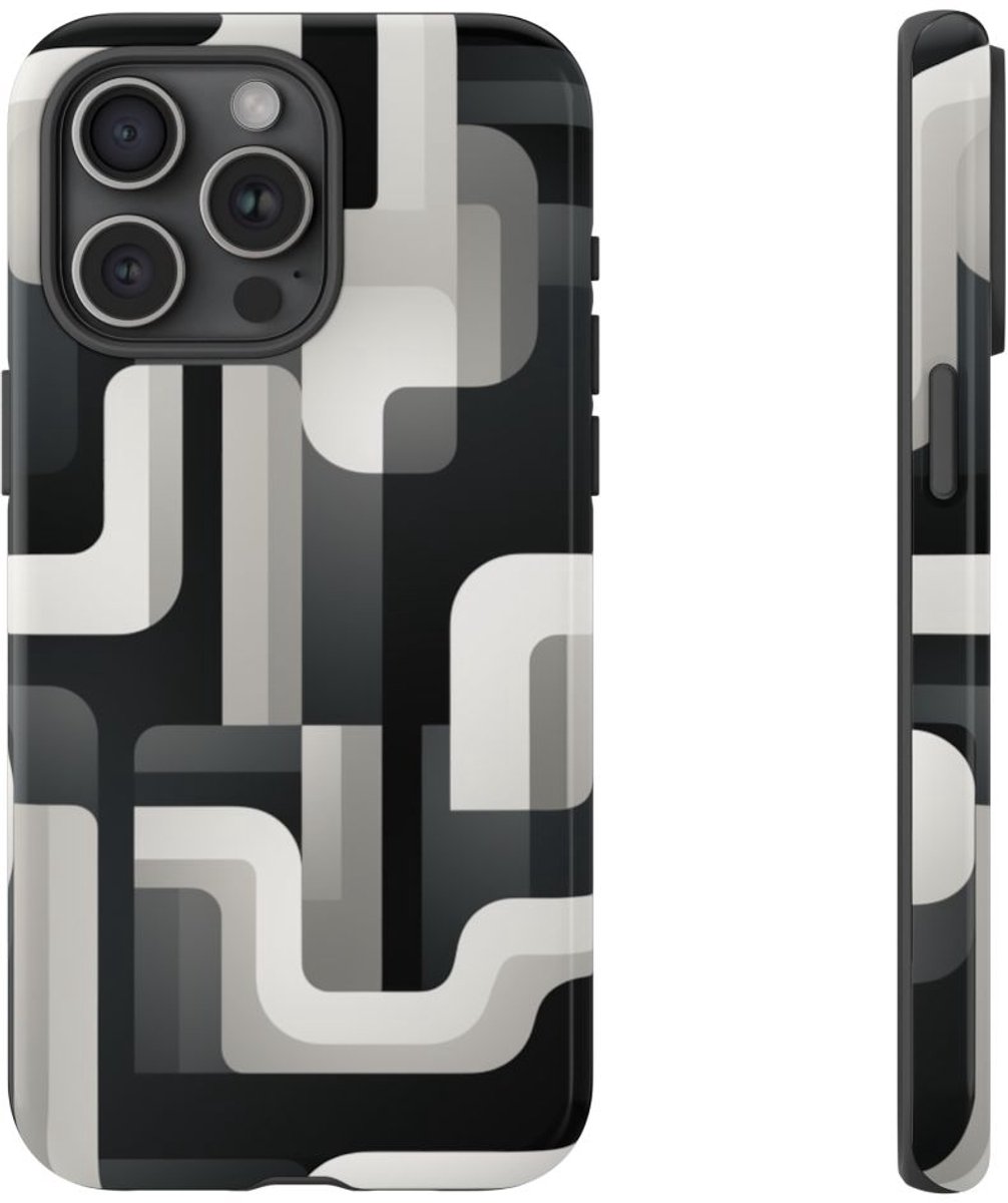 Stoer Zwart-Wit Geometrisch Patroon – Telefoonhoesje Geschikt voor iPhone 15 Pro Max