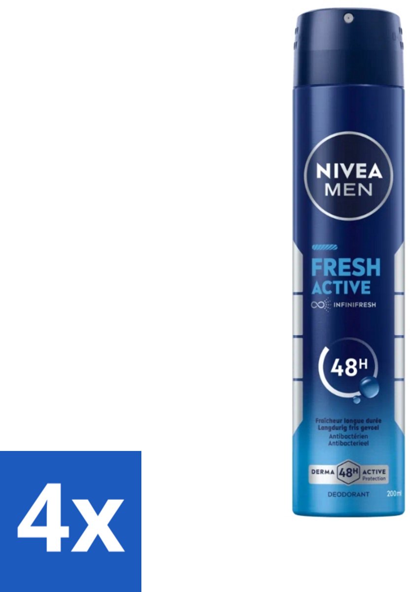 4 x Nivea - Deo Spray XL - Fresh Active - 48 Uur Lang Werkend - 200 ml - NIVEA MEN Deodorant Spray - Anti-Geur - 48 Uur Bescherming - Oceaanextracten - Antibacterieel