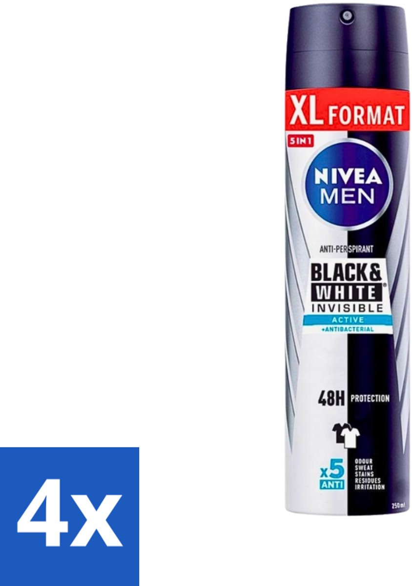 4 x Nivea - Deospray - Men - Invisible Black & White Active - 250 ml - Deodorant Spray - Anti-vlekken - Zweetbescherming - Huidvriendelijk - 48 Uur Bescherming