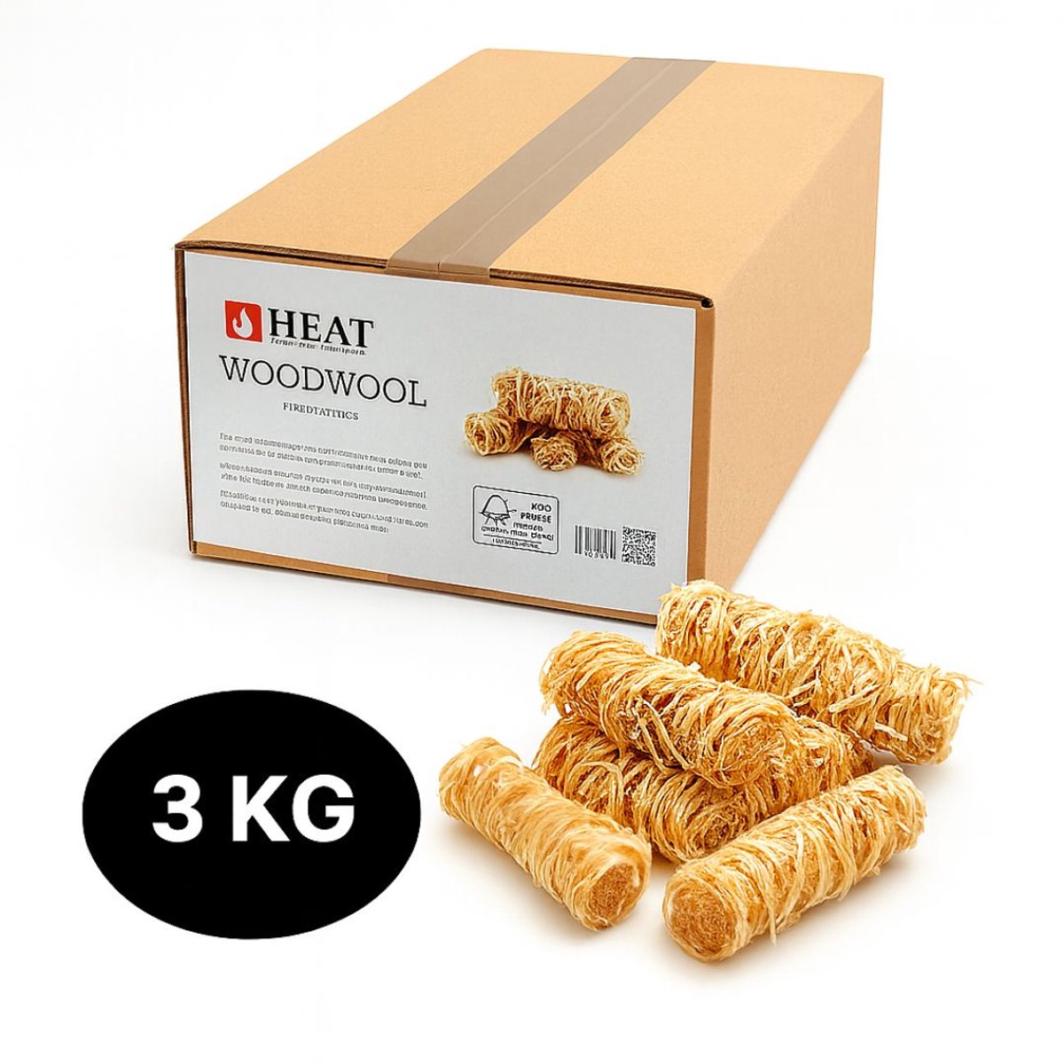 HEAT Woodwool – Aanmaakhoutkrullen 3 kg – Natuurlijke Houtvezels voor BBQ, Vuurschaal & Openhaard - Circa 260 Stuks