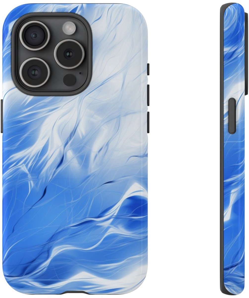 Blauw-Wit Abstract Golvend Patroon – Telefoonhoesje Geschikt voor iPhone 15 Pro