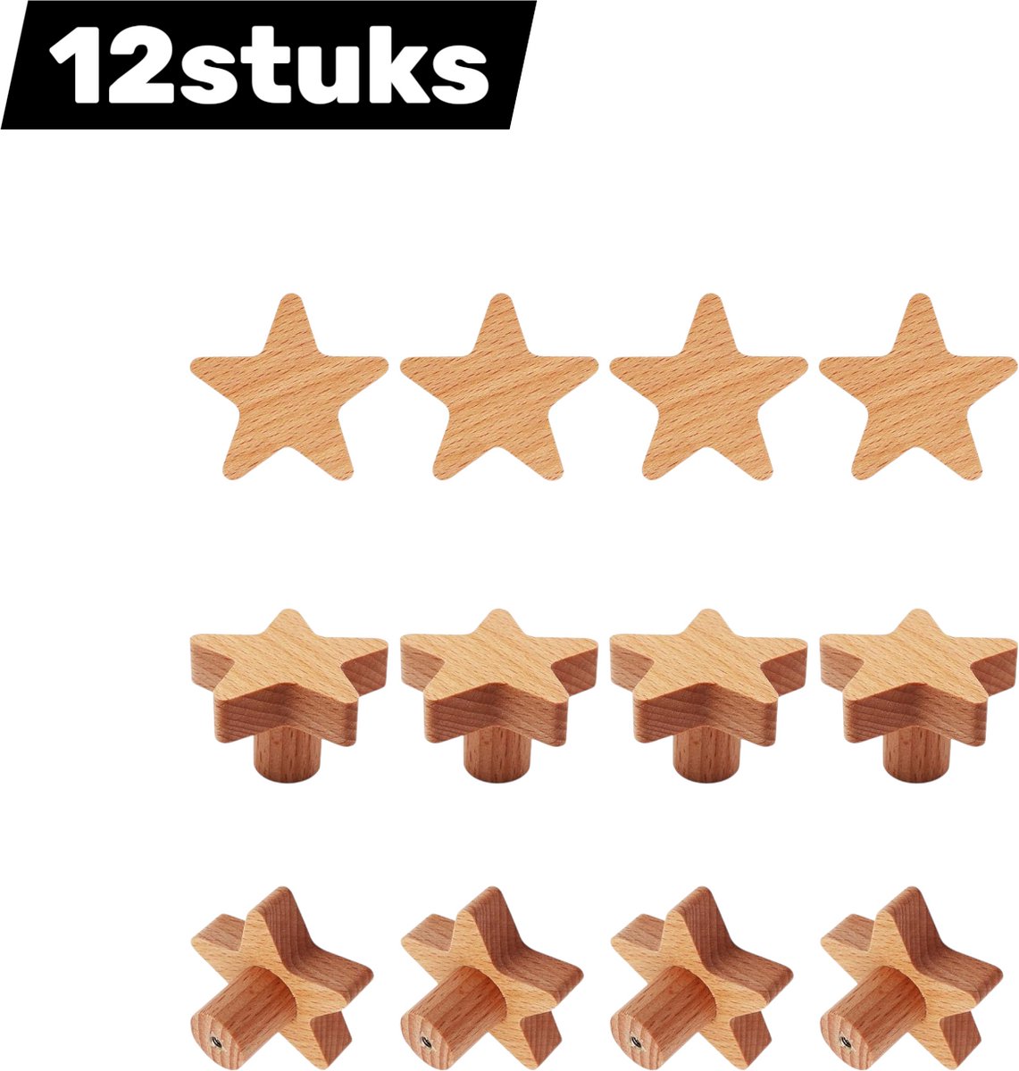 12stuks - deurklink - hendel - Kastgreep - Stervorm - Hout - Geschikt voor kinderkamer, commode, bosdieren, knutselen Houten handgreep - Meubelgreep, kast, deur - Houtkleur
