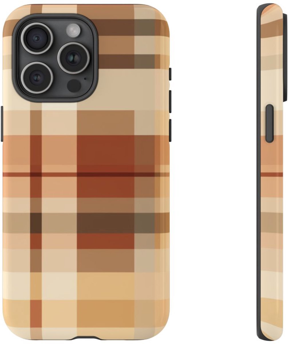 Warm Neutraal Tartan Ruitpatroon – Telefoonhoesje Geschikt voor iPhone 15 Pro Max