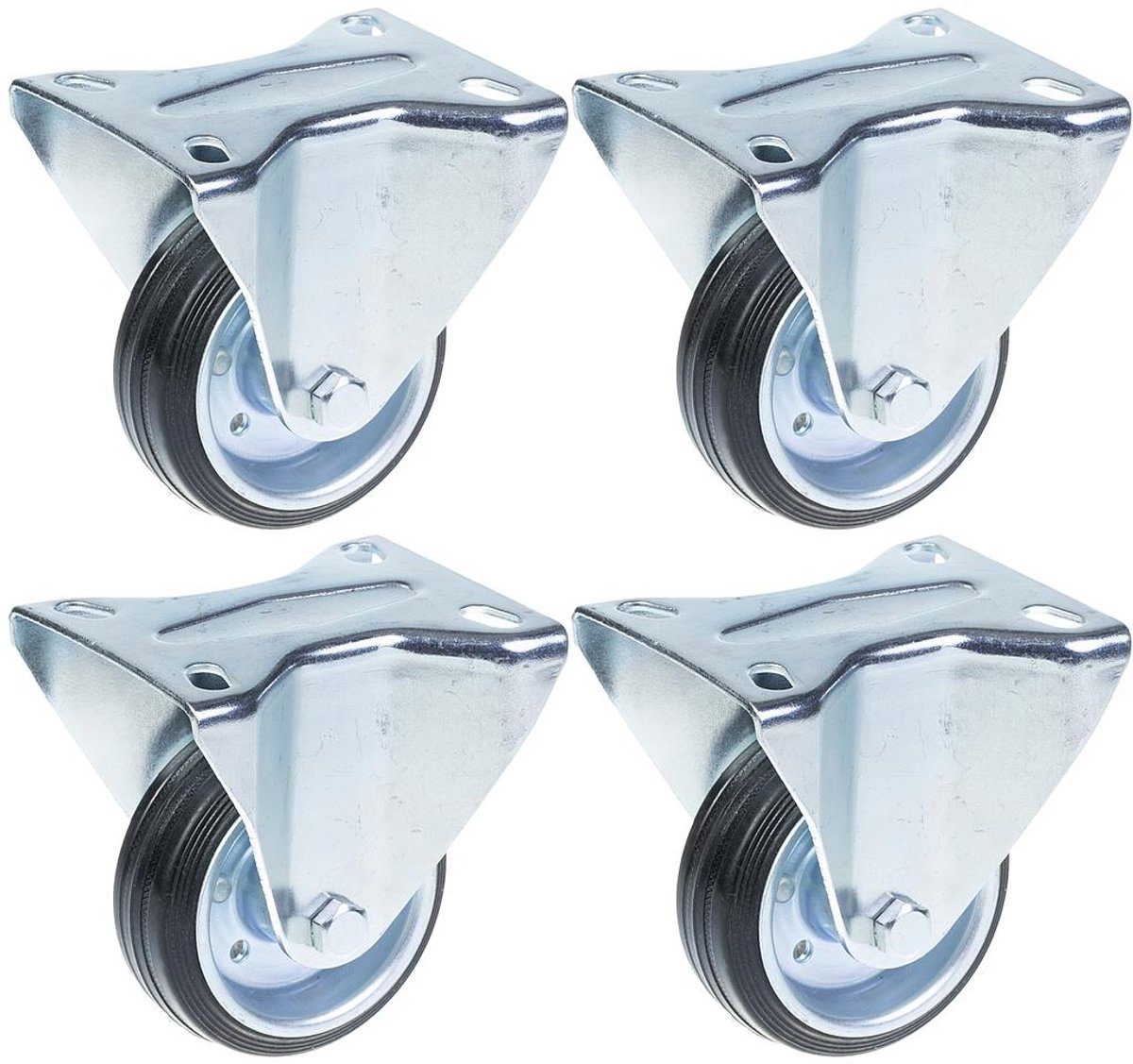 80 mm (3 inch) zwarte rubberen vaste zwenkwielen met bovenplaat, draagvermogen 70 kg – set van 4