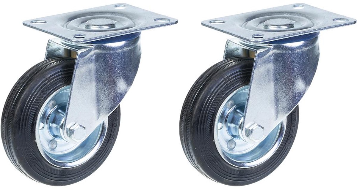 100 mm (4") rubberen zwenkwiel, draaibaar, draagvermogen 180 kg, set van 2
