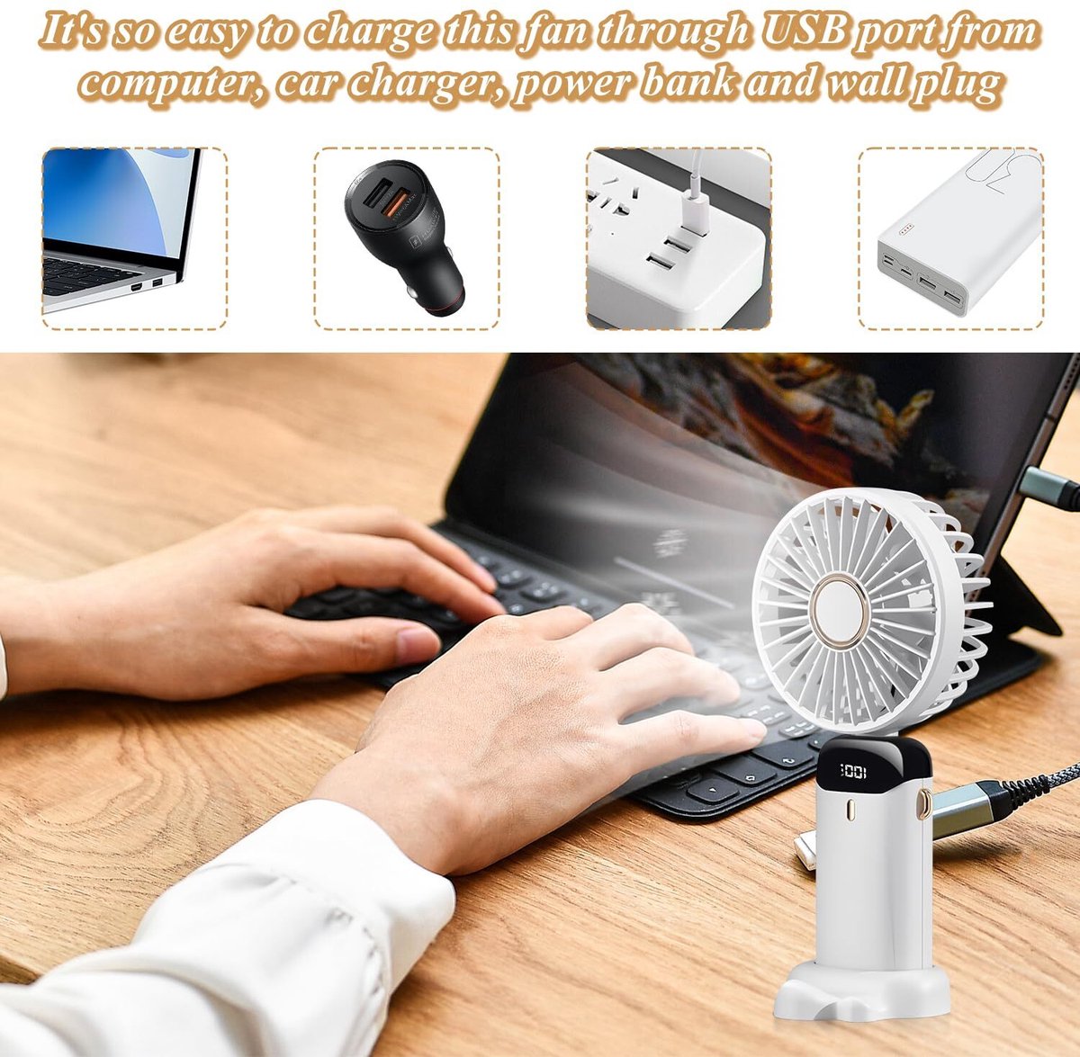 Draagbare mini handventilator wit 3 snelheidsinstellingen USB oplaadbaar