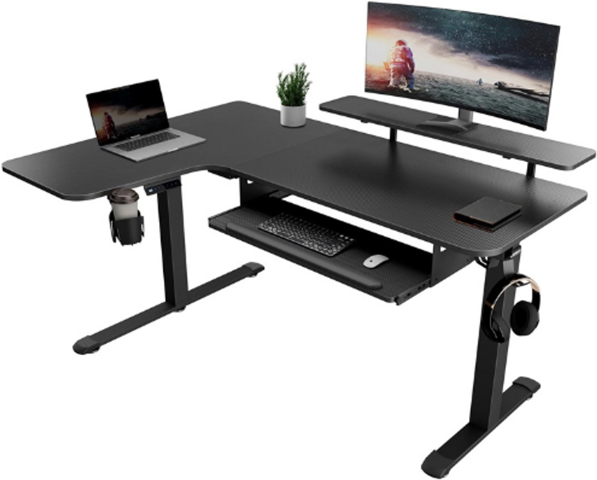 Elektrisch Verstelbaar Hoekbureau – L-Vormig Gaming Bureau 155x110 CM – Dubbele Motor – Hoogte Verstelbare Tafel Met Geheugenfunctie En Kabelmanagement – Zwart