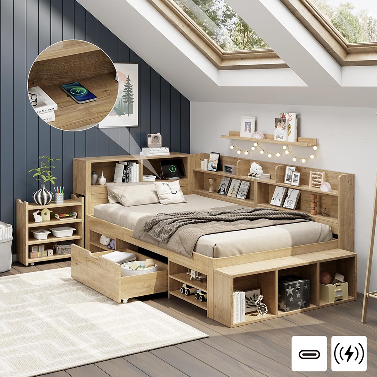 Gutent Kinderbed 90 x 200 cm-opbergbed-massief houten bed-eenpersoonsbed-planken en opbergkasten-zonder matras-natuur Natuurlijk