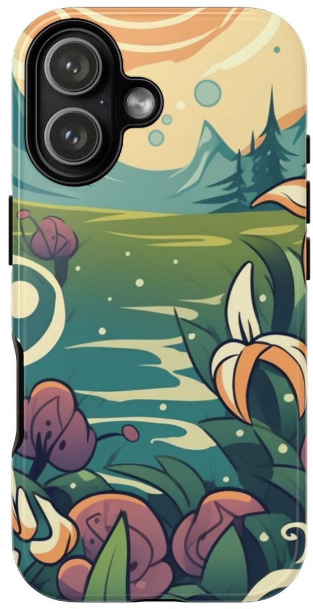 Bloemrijk Berglandschap in Cartoonstijl – Telefoonhoesje Geschikt voor iPhone 17