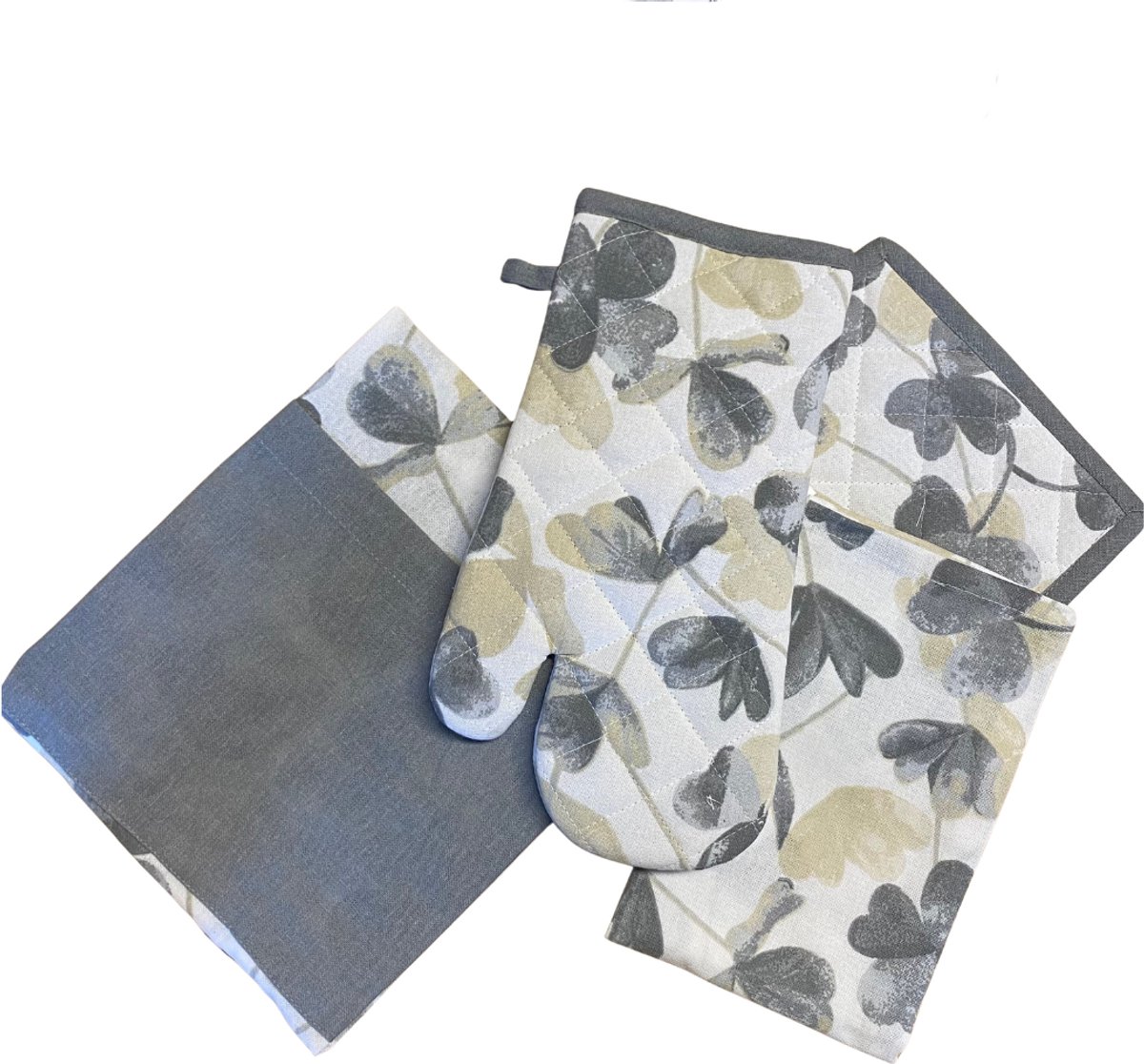 Bundel - Klavertje vier - Grijs - Beige - Schort - Theedoek - Ovenwant - Pannenlap