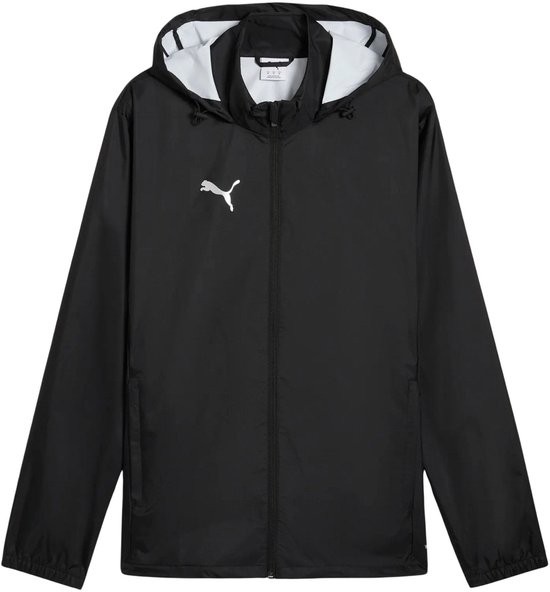 Zwarte Puma trainingsjack voor heren met capuchon, wit Puma-logo op de borst.