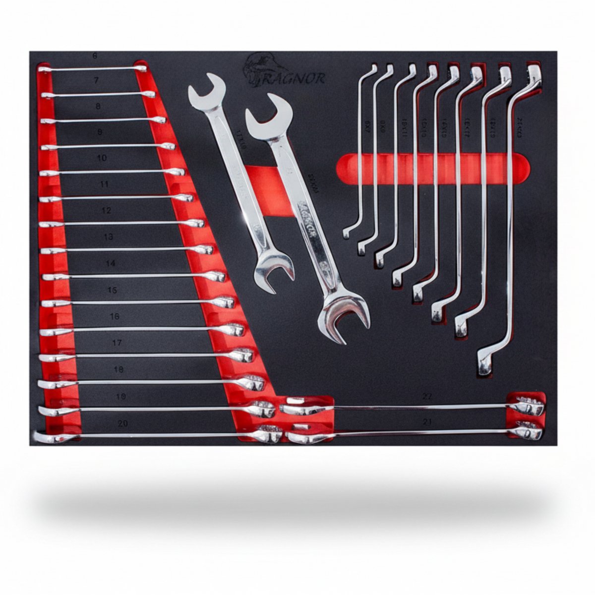 Sleutelset 27-delig ‘Wanda’ – in Softmodule | 17 Steek-Ringsleutels (6–22 mm), 2 Steek-Steeksleutels (27/32 mm) & 8 Gebogen Ring-Ring Sleutels (6×7 t/m 20×22 mm) – Overzichtelijk & Robuust