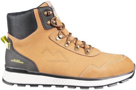 Bruine waterdichte wandelschoen met witte zool, zwart contrefort en "SJ-TEX WATERPROOF" opschrift.