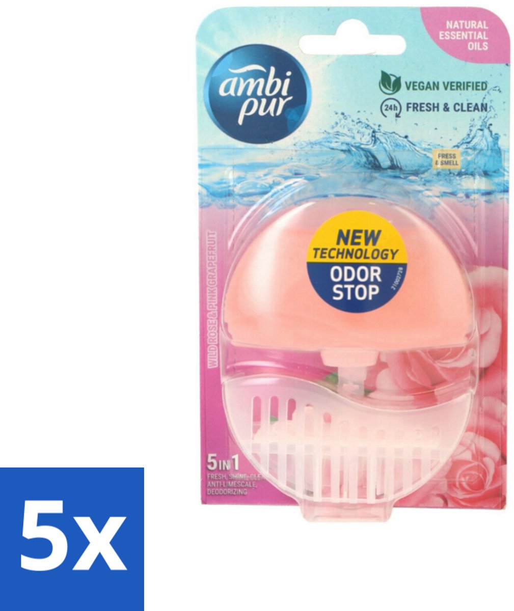 5 x Ambi Pur - Toiletblok - 5in1- Wilde Roos & Roze Grapefruit - 1 Blok - Voordeelverpakking - 5 stuks
