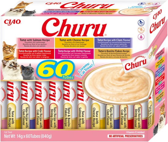 Verpakking met 60 tubes Churu kattenvoer in vijf smaken: kip, kip met kaas, kip met rundvlees, kip met zalm en kip met sint-jakobsschelp.