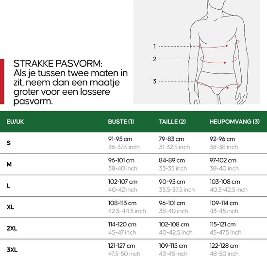 Maattabel voor herenkleding met maten S tot 3XL, metingen voor borst, taille en heupomvang in cm en inches.