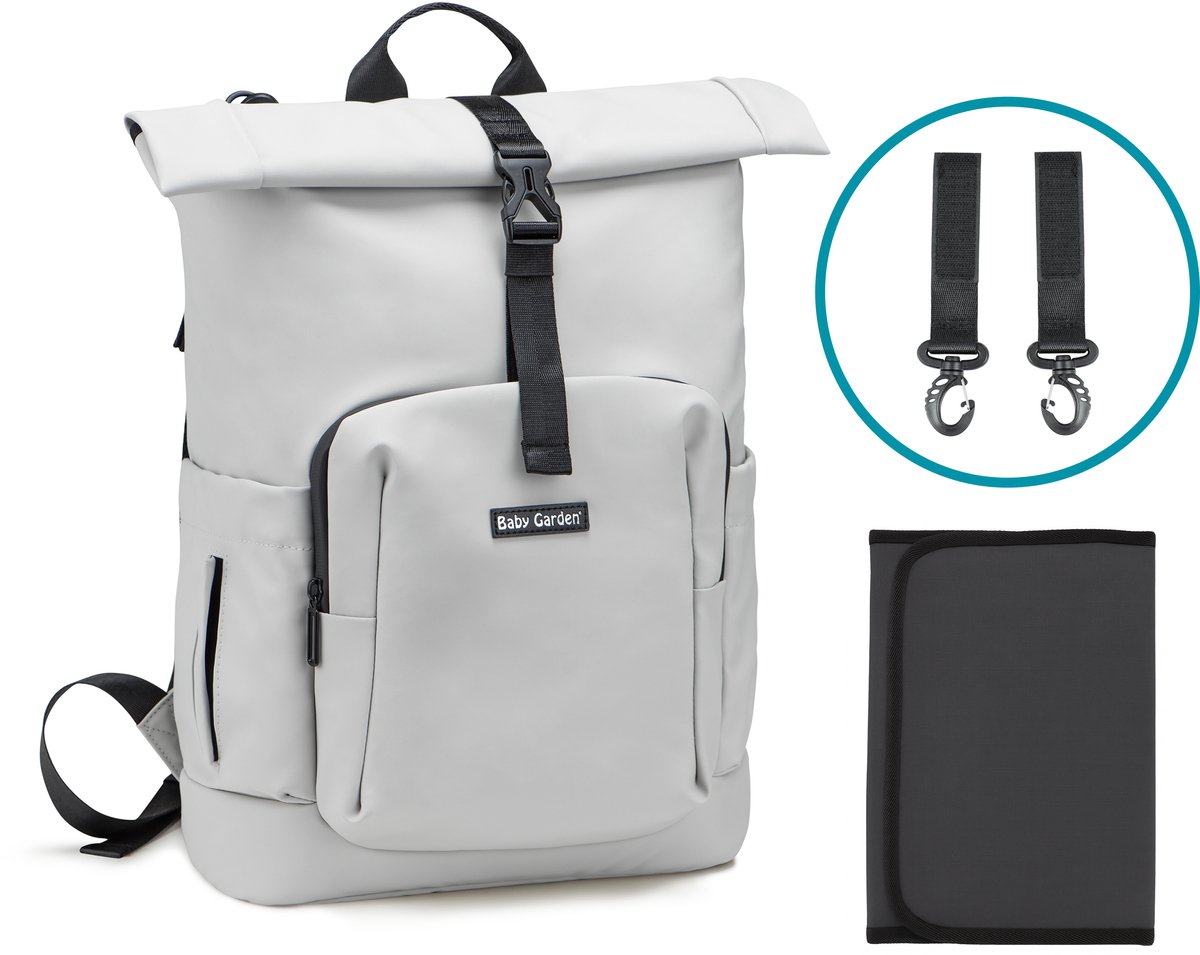 Baby Garden Luiertas Salerno - Luiertas Rugzak Rolltop - 20L tot 25L - Inclusief verschoonmatje & Kinderwagen Haken - Lichtgrijs