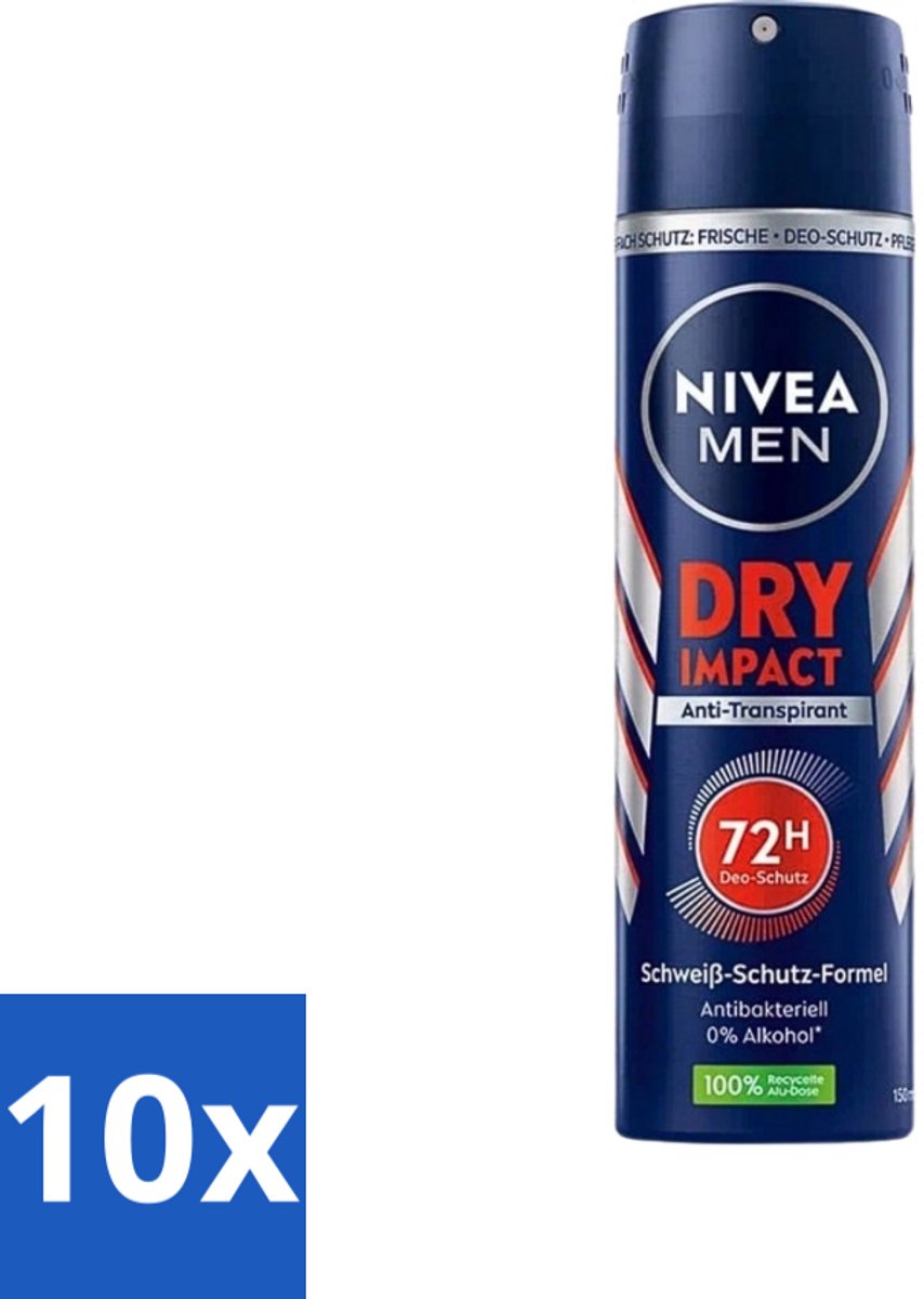 10 x Nivea - Men - Deo Spray - Dry Impact - 48 Uur Lang Werkend - 150 ml - 48 Uur Anti-transpirant - Deodorant Spray - Mannelijke Geur - Droge Huid - Frisheid