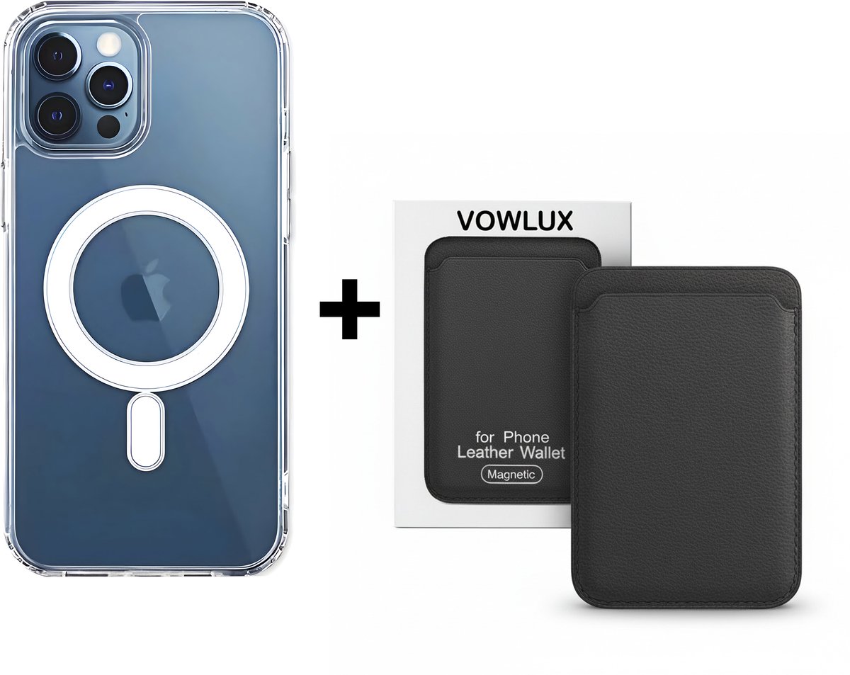 VOWLUX Compatible MagSafe Hoesje voor iPhone 12 Pro Transparant – Inclusief Zwarte Wallet Pasjeshouder – 24 Magneten – Kunstleer – 3 Kaarten – Shockproof Case
