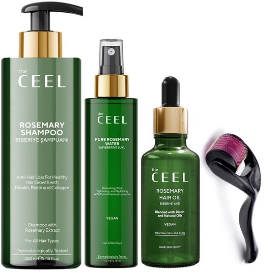 The Ceel Super haarverzorgingsset - Rozemarijn haarolie - Rozemarijn haarwater - Rozemarijnshampoo - Dermaroller - Voordeelset met 4 producten - Maximaal effect tegen haaruitval, dunner wordend haar en voor sterkere haargroei