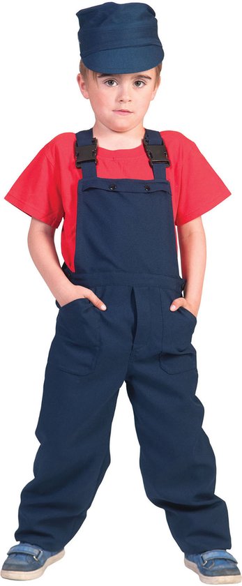 Funny Fashion - Bouwvakker & Trucker Kostuum - Blauwe Kinder Werkmans Overall Blauw - Jongen - blauw - Maat 140 - Carnavalskleding - Verkleedkleding