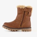 Bruine biker boot met ritssluiting en gespdetail, met beige bontkraag.